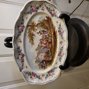 Antique Multicolor Platter Pink Roses Blue Flower Design Around Edge Lil…